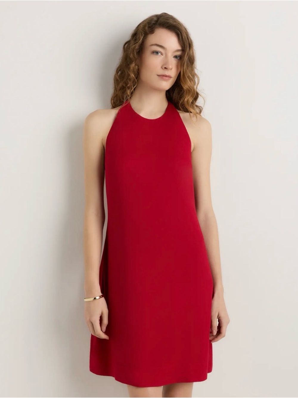 Quince Lightweight Crepe Midi Halter Dress in Ruby Red Size Large 331